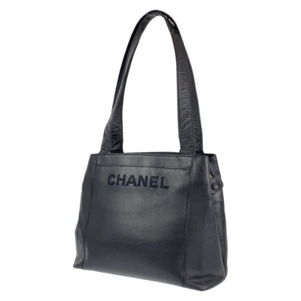 Authentic CHANEL CC Timeless Caviar Logo Shoulder Tote Bag Black Leather Purse